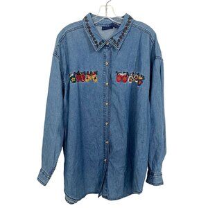 Vintage Christmas Winter Embroidered Denim Long Sleeve Button Shirt Womens 3X